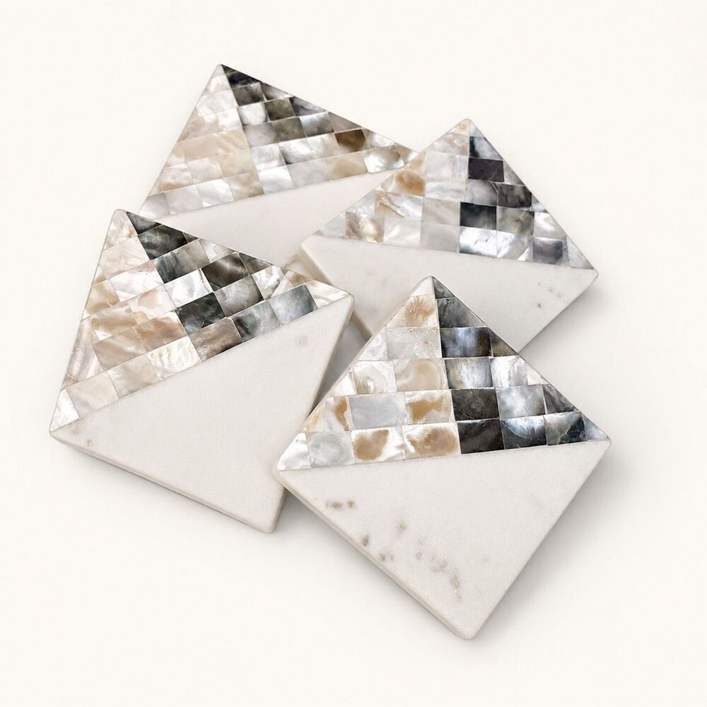Set of 4 Mother of Pearl Mosaic Triangle Coasters Iridescent Shell